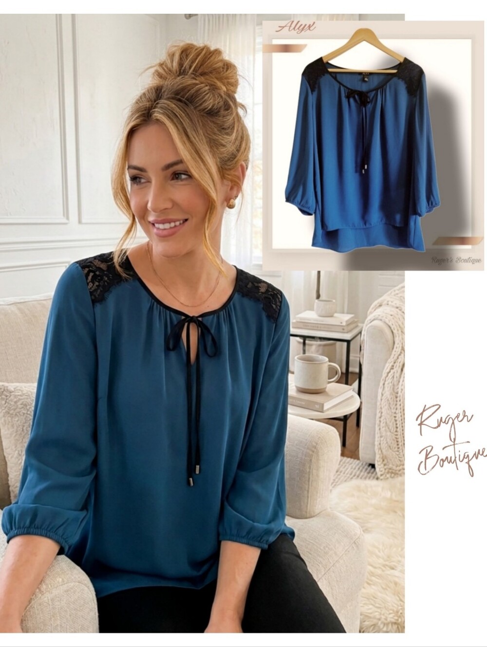 🌿ALYX Women's Dark Teal XL Tunic Blouse with Black Lace Shoulders
